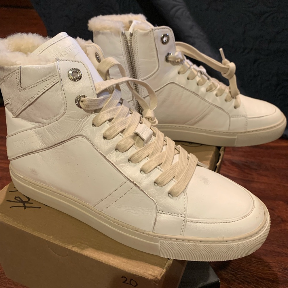 Zadig & Voltaire High Top White Sneakers with Sherpa lining, Size 9